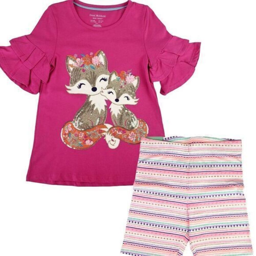 Girl's Sequin Graphic T-Shirt & Short Two Piece Set Size 7-8‎ Color Fuchsia New